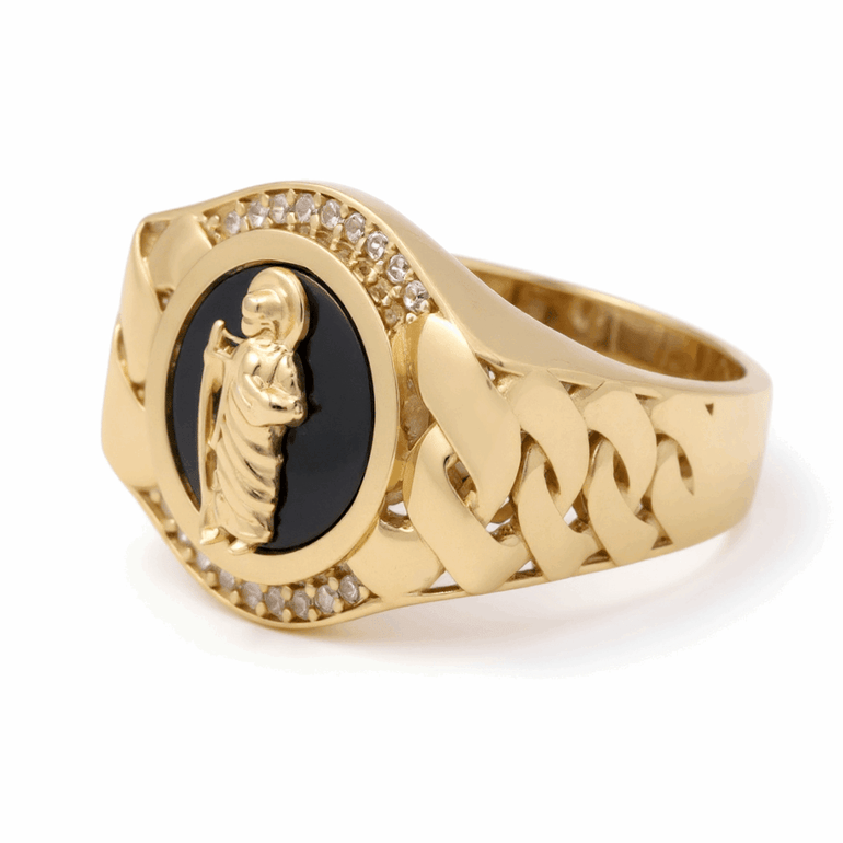 10k Yellow Gold San Judas with Onix Men's Fashion Ring - Miral Jewelry