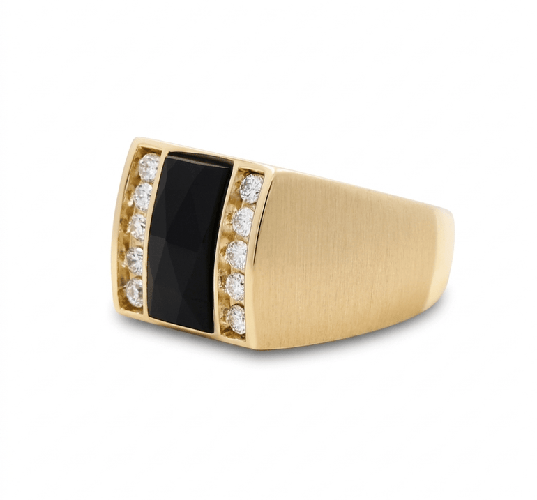 10K Yellow Gold Satin Onyx Diamond Men's Ring with 0.50Tw Round Diamonds - Miral Jewelry