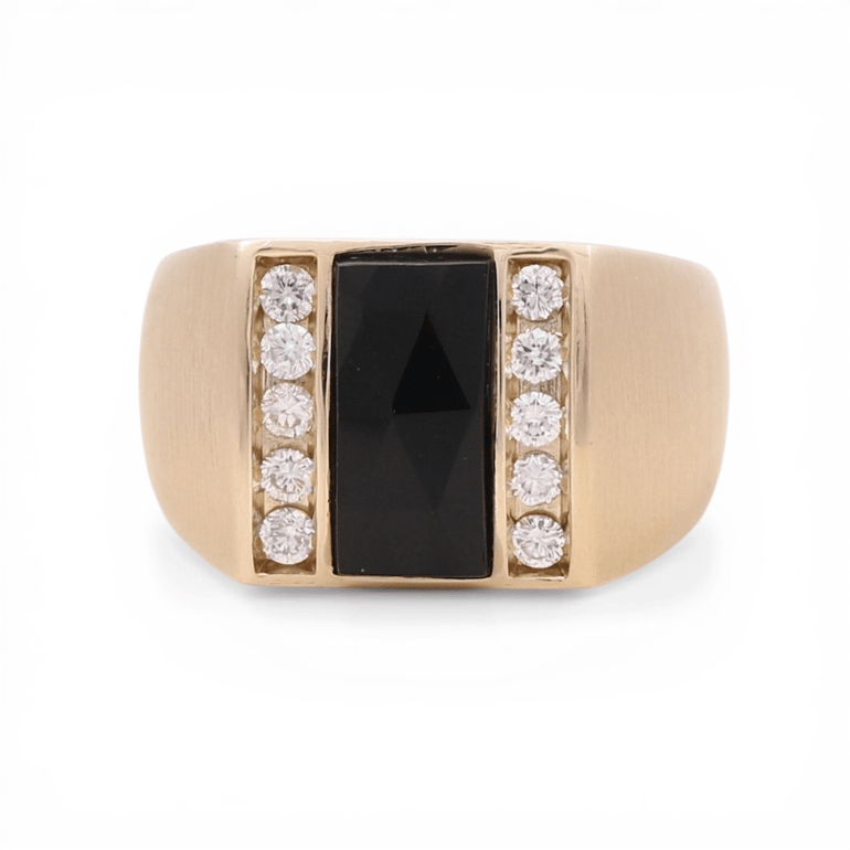 10K Yellow Gold Satin Onyx Diamond Men's Ring with 0.50Tw Round Diamonds - Miral Jewelry
