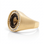 10K Yellow Gold Satin Oval Diamond Men's Ring with 0.50Tw Round Diamonds and Oval Smoky Citrine - Miral Jewelry