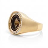 10K Yellow Gold Satin Oval Diamond Men's Ring with 0.50Tw Round Diamonds and Oval Smoky Citrine - Miral Jewelry