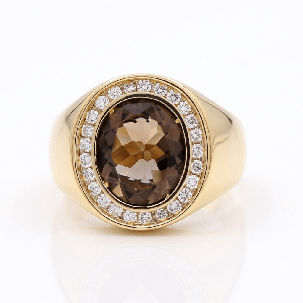10K Yellow Gold Satin Oval Diamond Men's Ring with 0.50Tw Round Diamonds and Oval Smoky Citrine - Miral Jewelry
