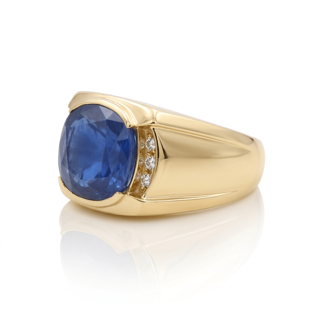 10K Yellow Gold Men's Satin Sapphire & Diamond Ring – view 2