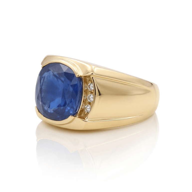 10K Yellow Gold Satin Saphire Diamond Men's Ring with 0.12Tw Round Diamonds - Miral Jewelry