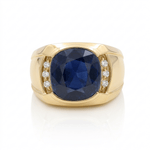 10K Yellow Gold Satin Saphire Diamond Men's Ring with 0.12Tw Round Diamonds - Miral Jewelry