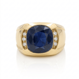 10K Yellow Gold Satin Saphire Diamond Men's Ring with 0.12Tw Round Diamonds - Miral Jewelry