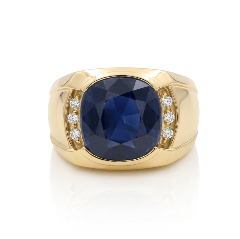 10K Yellow Gold Satin Saphire Diamond Men's Ring with 0.12Tw Round Diamonds - Miral Jewelry