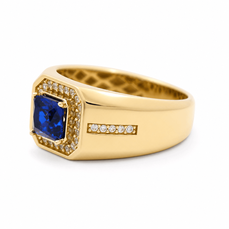 10k Yellow Gold Square Blue Fashion Men's Ring - Miral Jewelry