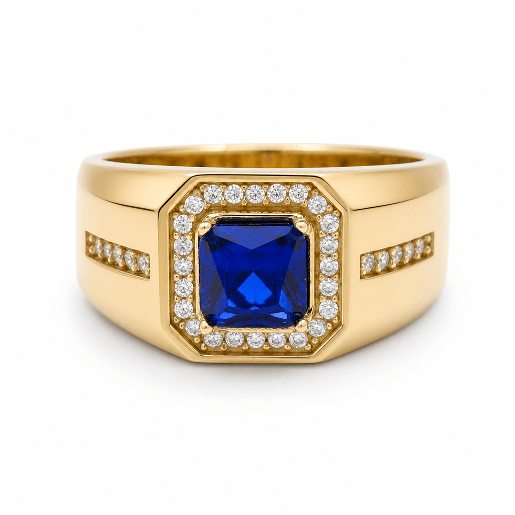 10k Yellow Gold Square Blue Fashion Men's Ring - Miral Jewelry