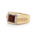 10K Yellow Gold Square Garnet Diamond Men's Ring with 0.06Tw Round Diamonds - Miral Jewelry