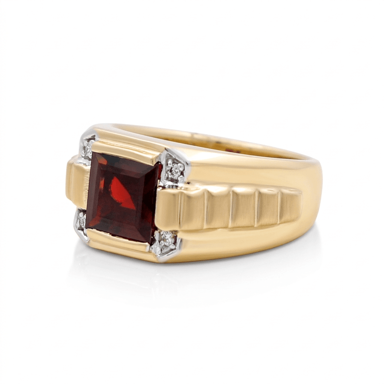 10K Yellow Gold Square Garnet Diamond Men's Ring with 0.06Tw Round Diamonds - Miral Jewelry