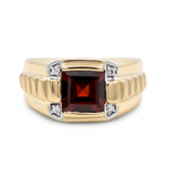 10K Yellow Gold Square Garnet Diamond Men's Ring with 0.06Tw Round Diamonds - Miral Jewelry