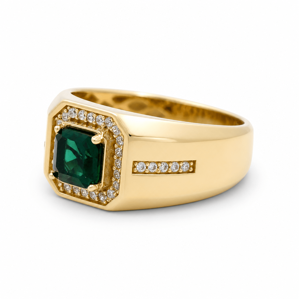 10k Yellow Gold Square Green Fashion Men's Ring - Miral Jewelry