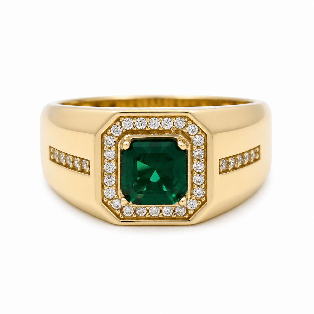 10k Yellow Gold Square Green Fashion Men's Ring - Miral Jewelry