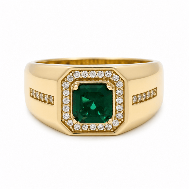 10k Yellow Gold Square Green Fashion Men's Ring - Miral Jewelry