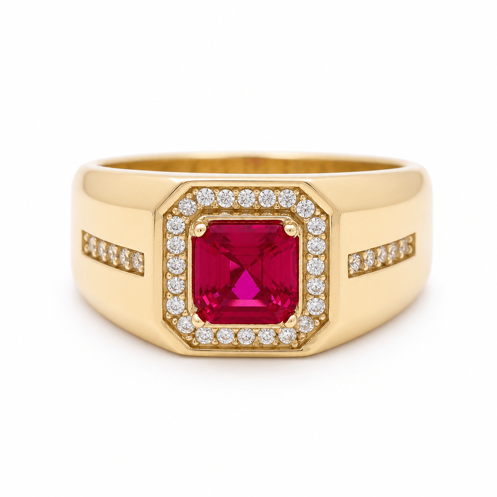 10k Yellow Gold Square Red Fashion Men's Ring - Miral Jewelry