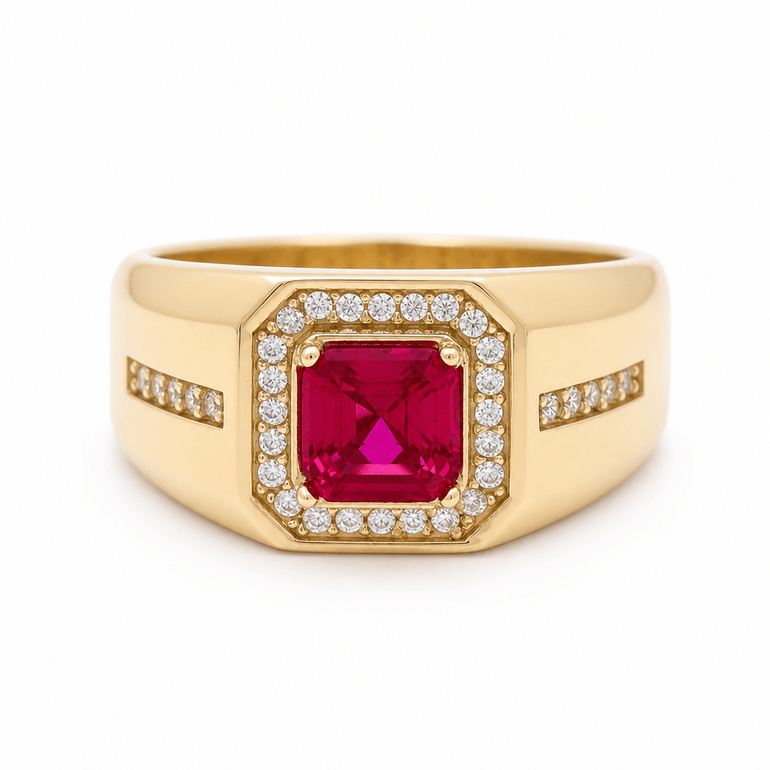 10k Yellow Gold Square Red Fashion Men's Ring - Miral Jewelry