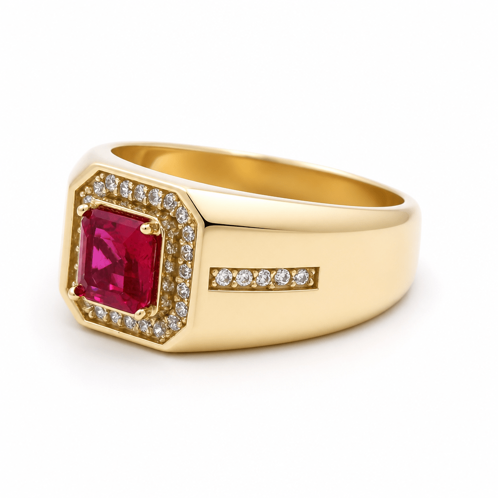 10k Yellow Gold Square Red Fashion Men's Ring - Miral Jewelry