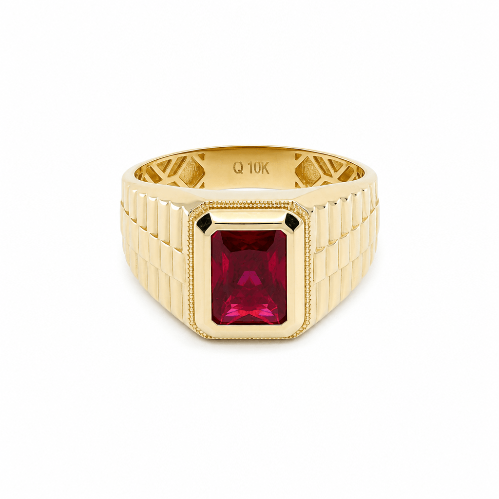 10k Yellow Gold Square Red Fashion Ring Men's - Miral Jewelry