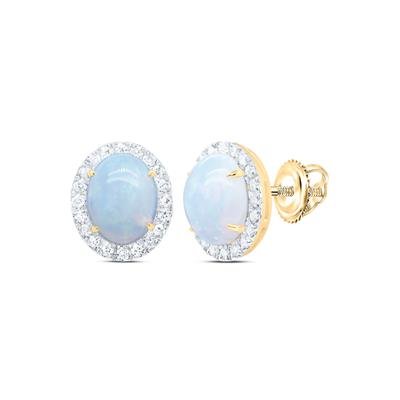10K Yellow Gold Stud Earrings with 0.37Tw Round Diamonds and 9x7mm Opal - Miral Jewelry
