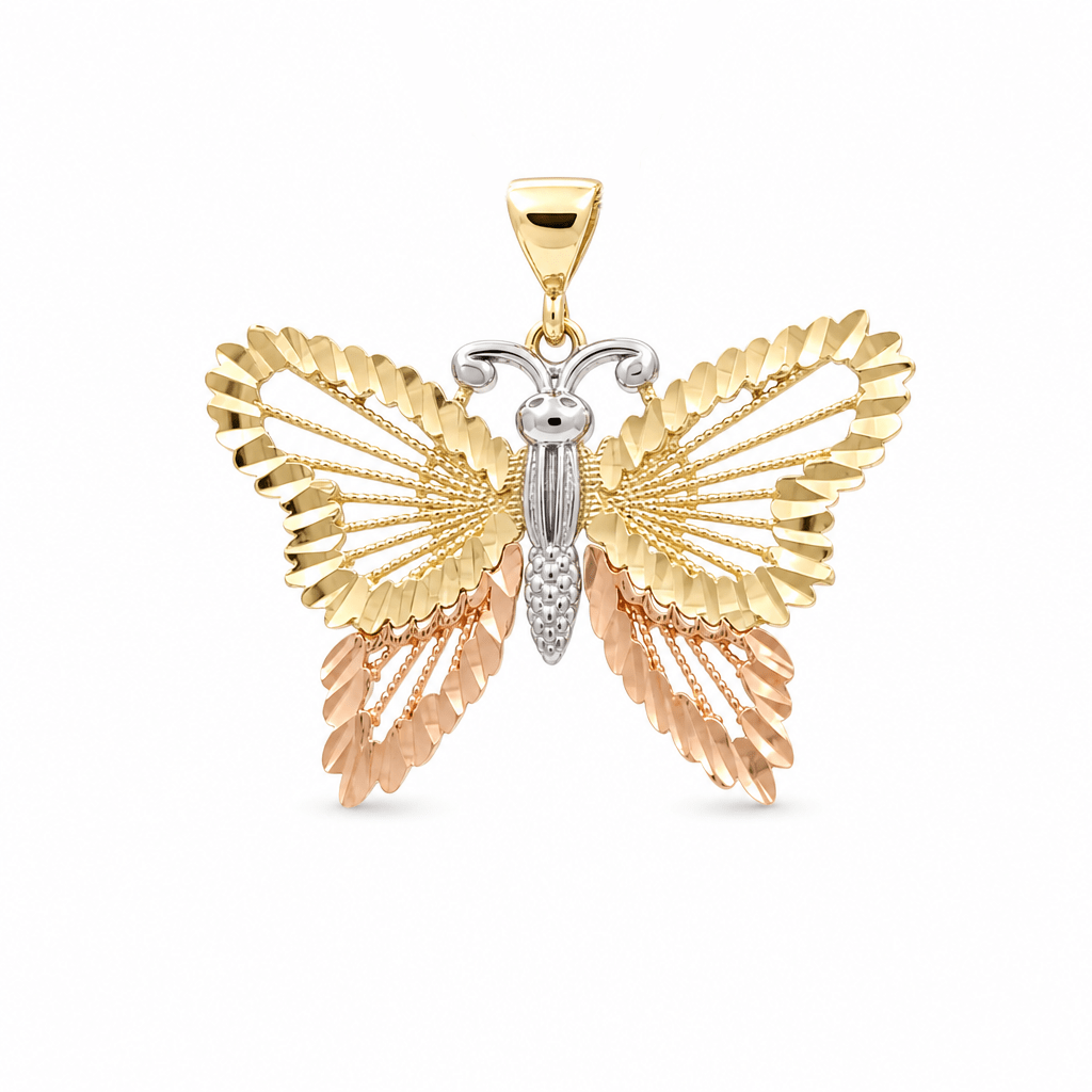 10K Yellow Gold Tri Color Diamond Cut Butterfly Medal Pendant - Miral Jewelry