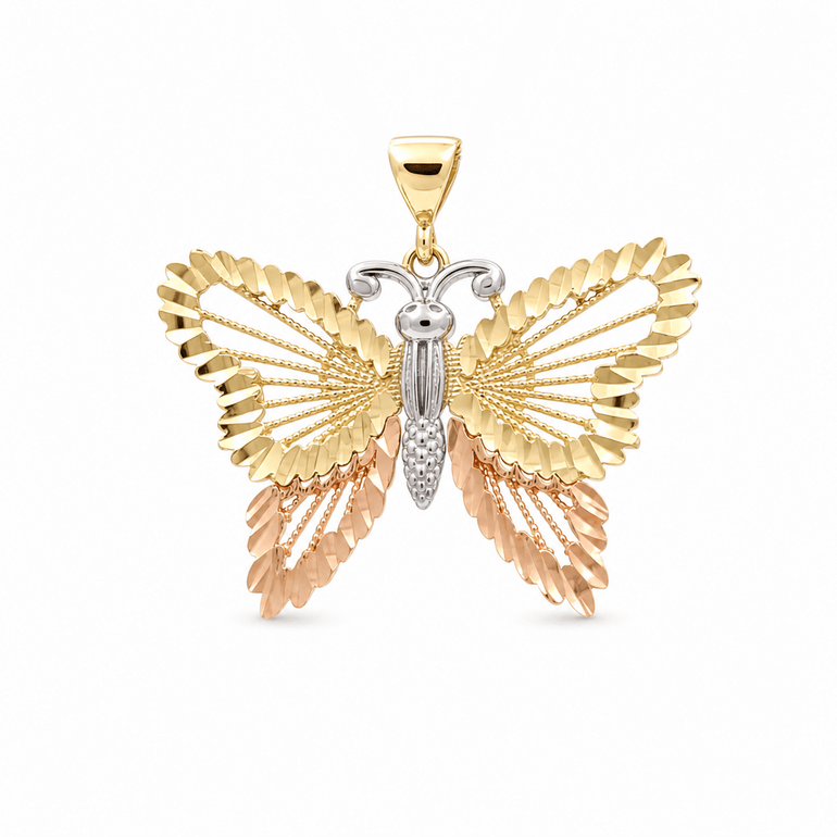 10K Yellow Gold Tri Color Diamond Cut Butterfly Medal Pendant - Miral Jewelry