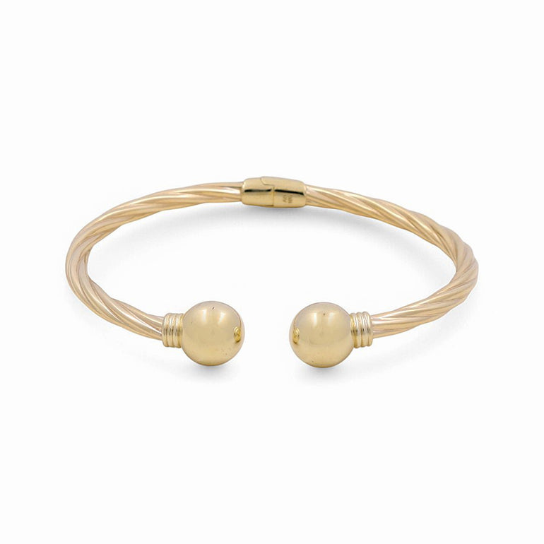 10K Yellow Gold Twisted Cuff Bangle with Ball Ends - Miral Jewelry