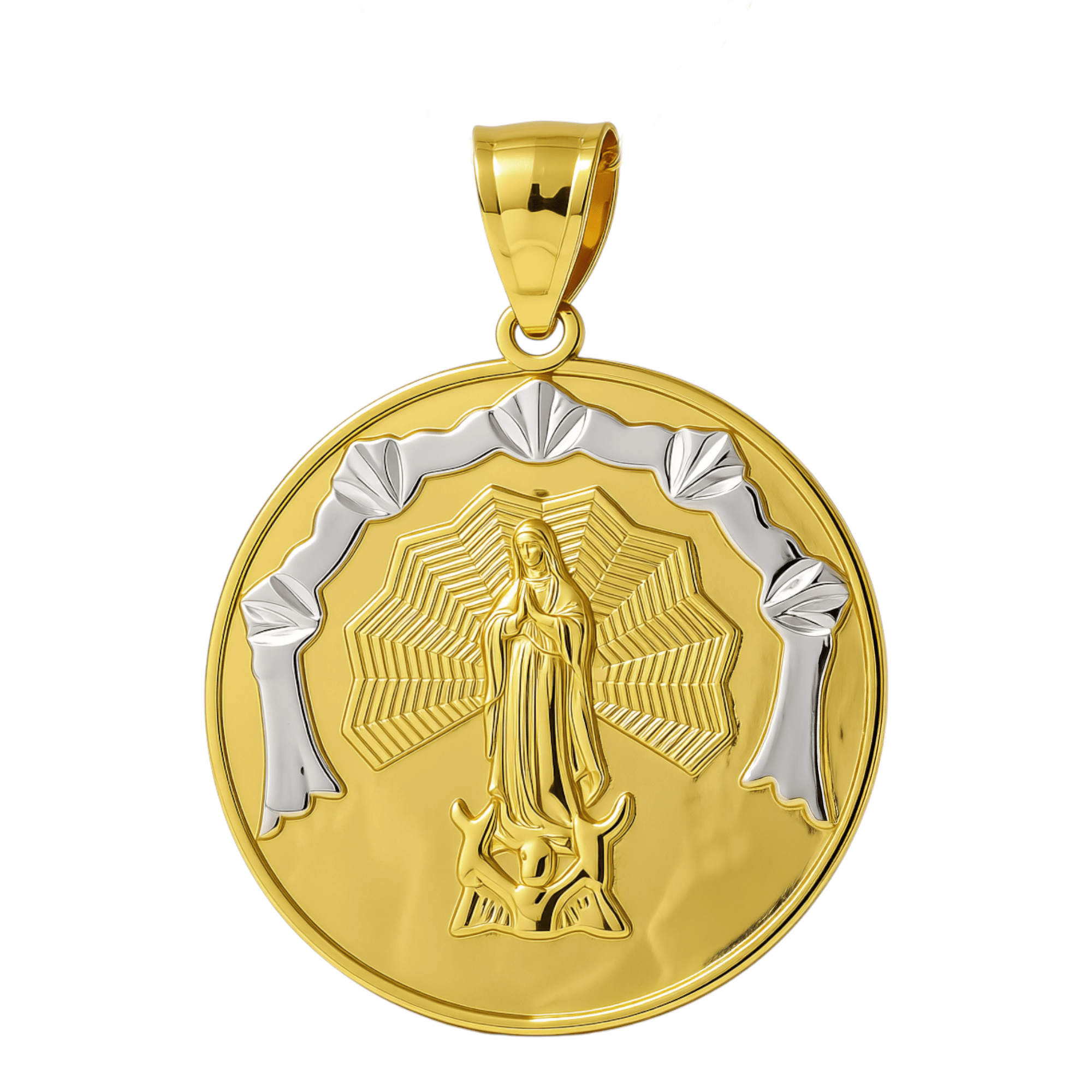 10K Yellow Gold Two Tone Guadalupe Medal Pendant - Miral Jewelry