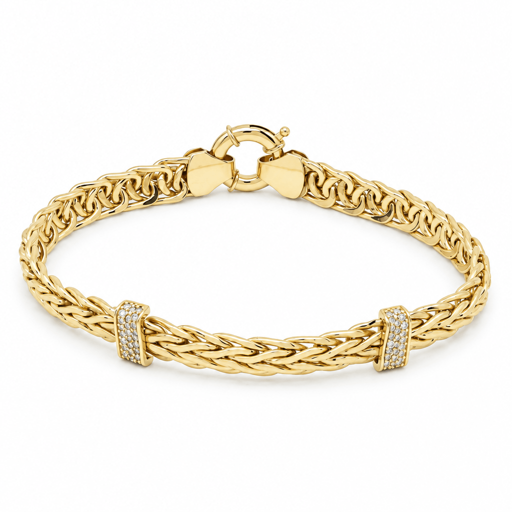 10K Yellow Gold Wheat Chain Bracelet with CZ Stations – 7.5" - Miral Jewelry