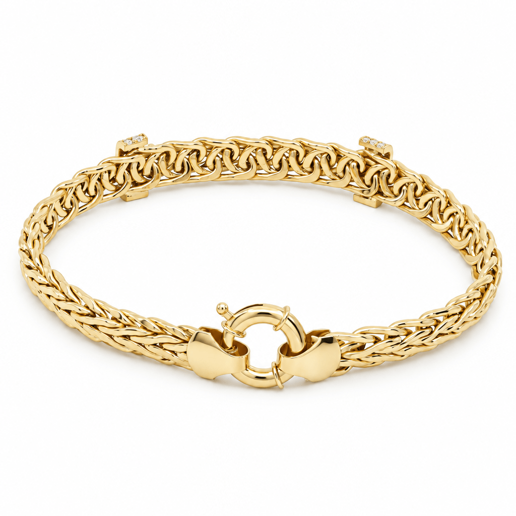 10K Yellow Gold Wheat Chain Bracelet with CZ Stations – 7.5" - Miral Jewelry