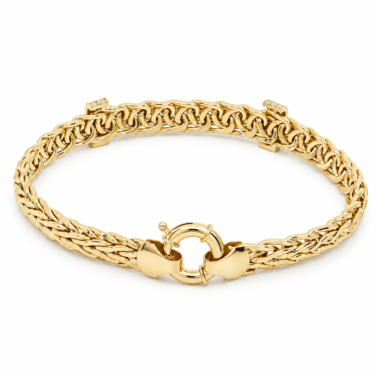 10K Yellow Gold Wheat Chain Bracelet with CZ Stations – 7.5" - Miral Jewelry