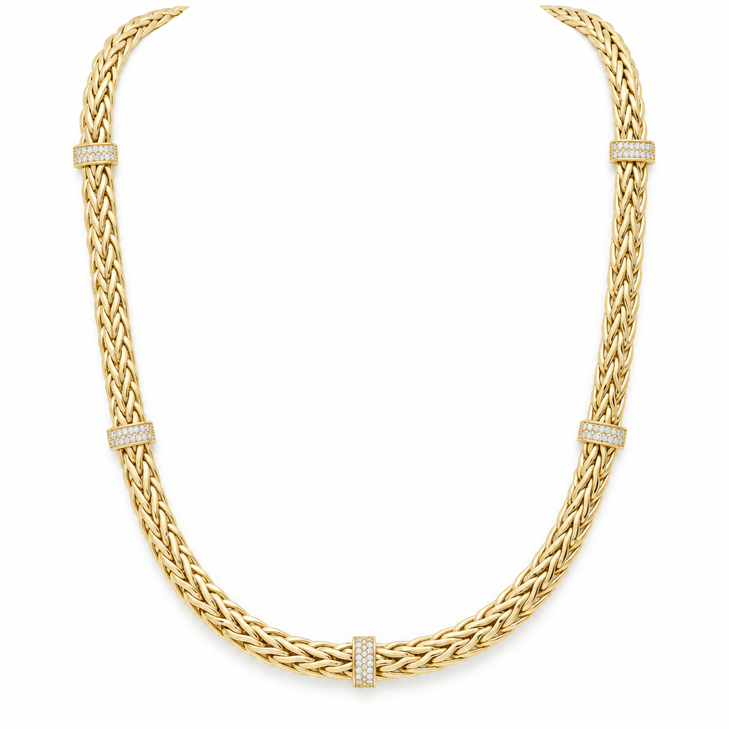 10K Yellow Gold Wheat Chain Necklace with CZ Stations – 18" - Miral Jewelry