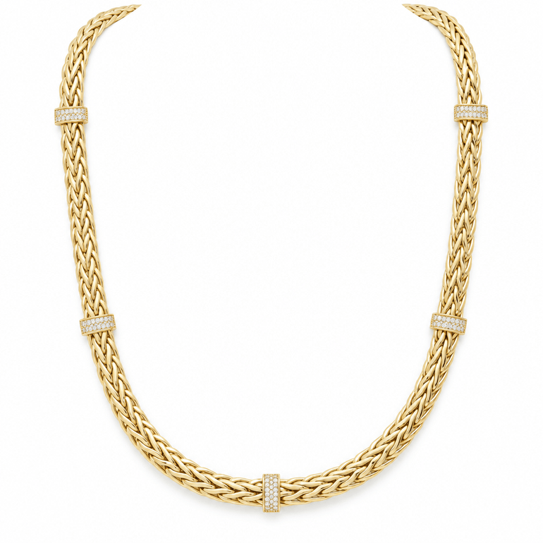 10K Yellow Gold Wheat Chain Necklace with CZ Stations – 18" - Miral Jewelry