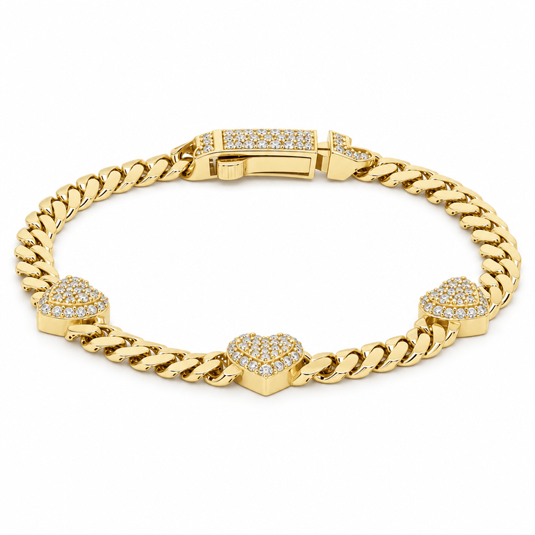 10K Yellow Gold Monaco Bracelet with Pavé CZ Hearts 5mm, 7.5in