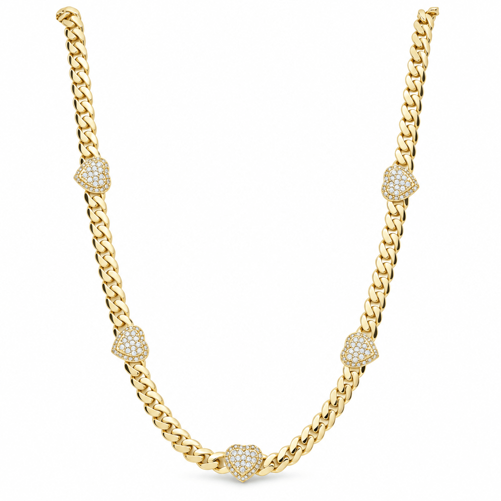 10K Yellow Gold Monaco Necklace with Pavé CZ Hearts 5mm, 18.5in