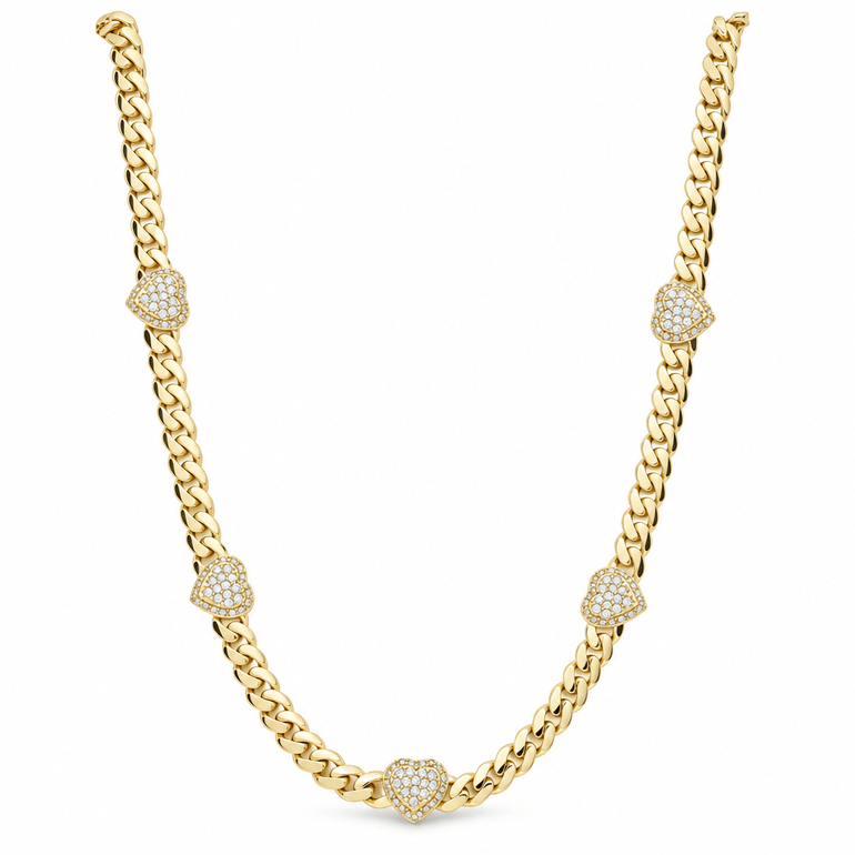 10K Yellow Gold Monaco Necklace with Pavé CZ Hearts 5mm, 18.5in