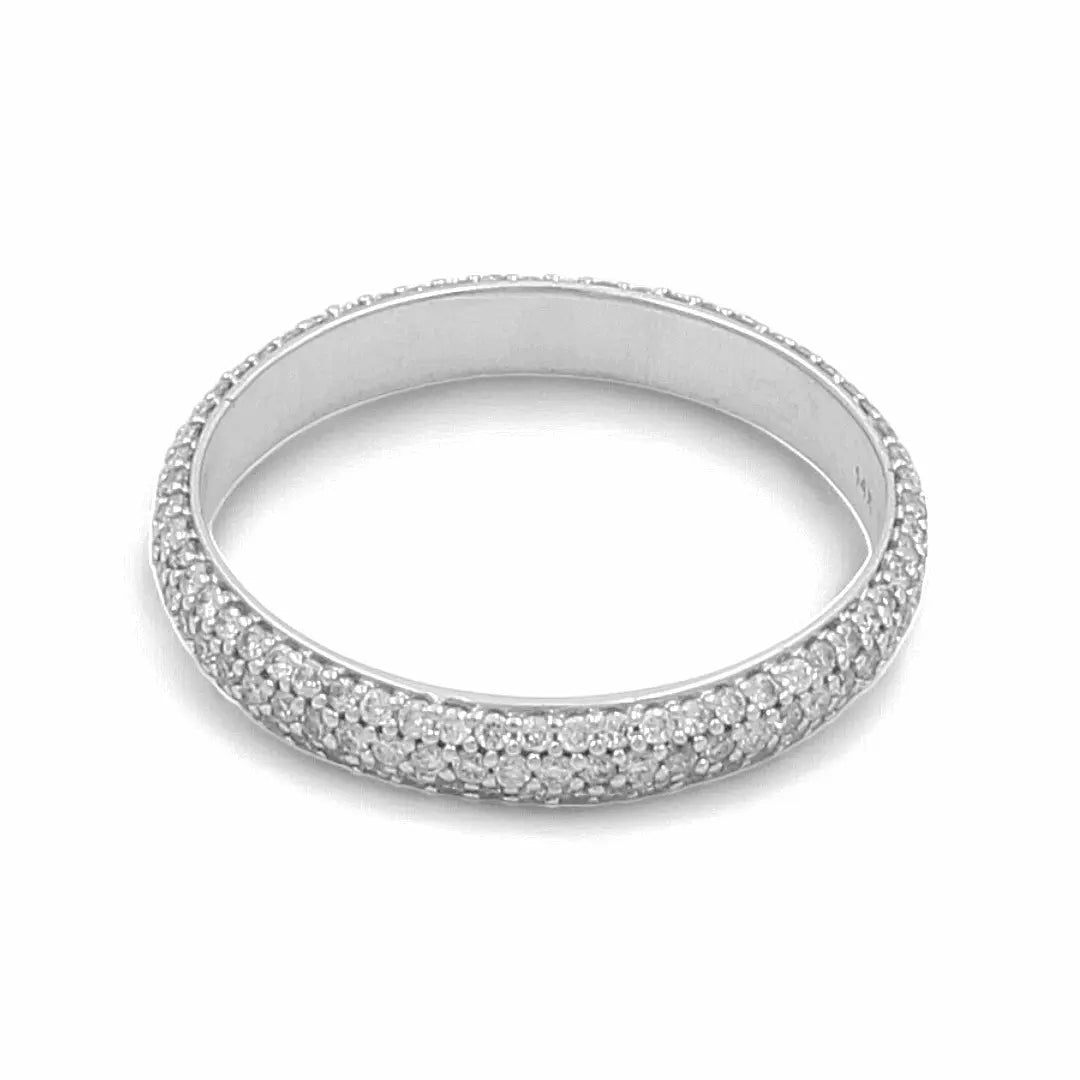 A breathtaking 14K White Gold Bridal Woman Ring by Miral Jewelry, featuring three rows of dazzling, small diamonds.