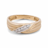 Miral Jewelry's 14K Yellow Gold Bridal Men Ring with Diamonds showcases a split band design adorned with a central row of five small diamonds.