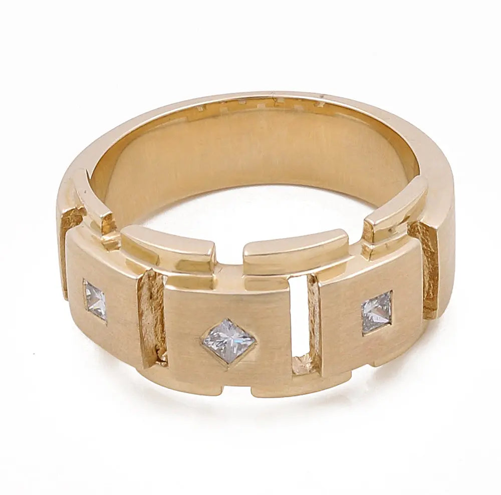 Miral Jewelry 14k Yellow Gold Fashion Ring with 0.26Tw Round Diamonds, featuring a segmented design in 14k yellow and white gold, with three square-cut diamonds set within the segments, on a white background.