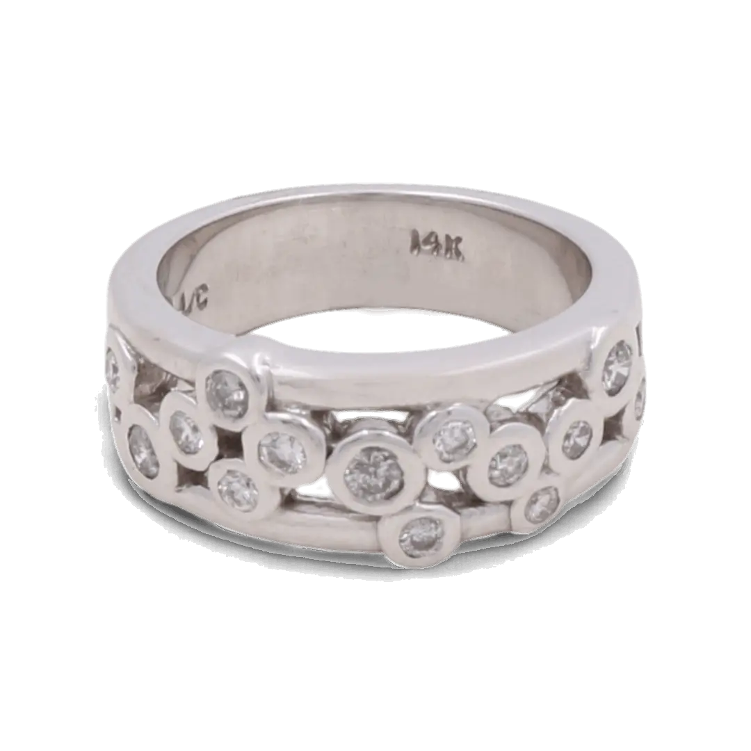 Presenting the Miral Jewelry 14K White Gold Woman Diamond Fashion Ring: This exquisite ring features multiple small round diamonds embedded in a scattered pattern across the silver-toned band. The inside of the band is marked "14K," signifying its high-quality craftsmanship. Perfect for a wedding ensemble, this ring exudes timeless elegance and sophisticated charm.
