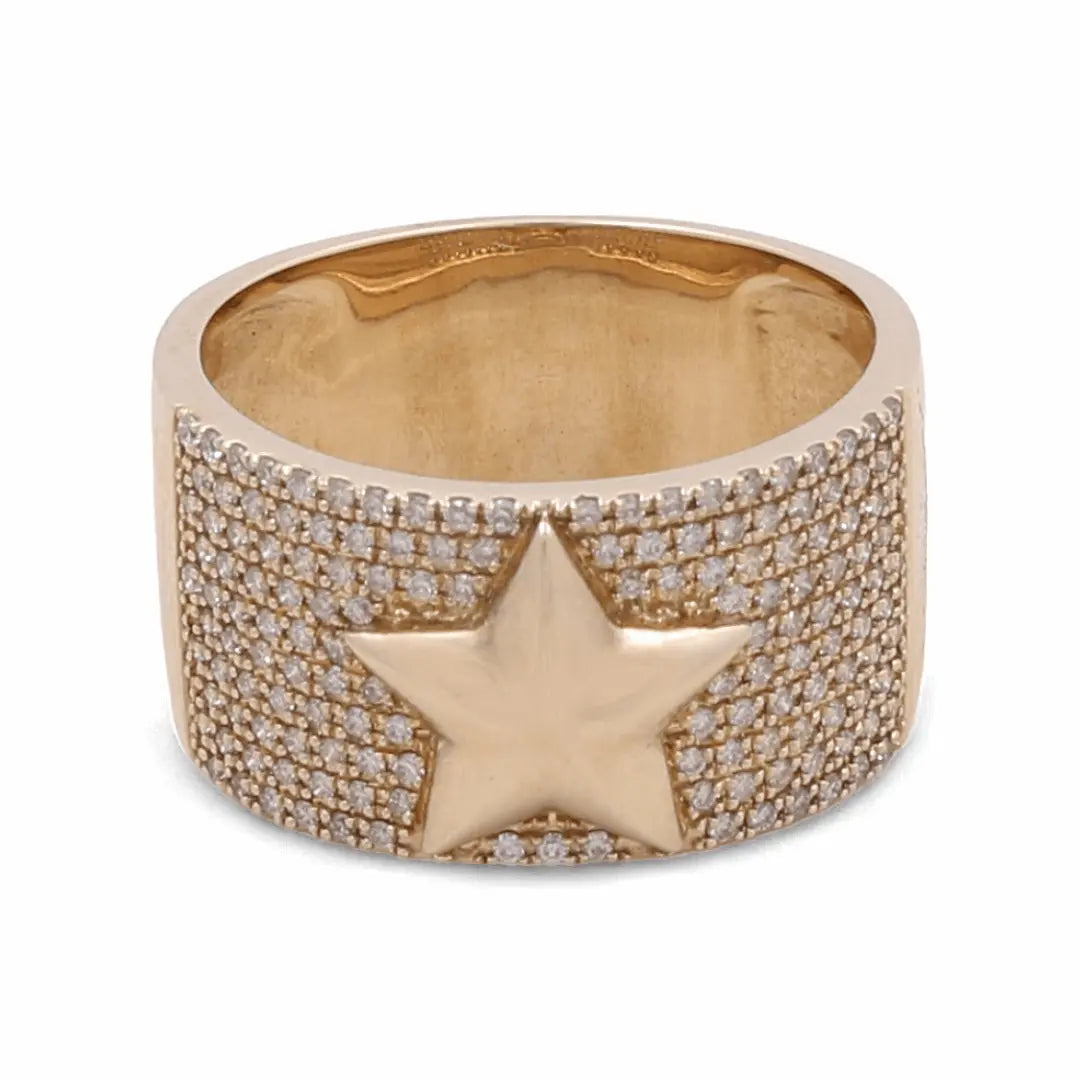 Introducing the 14K Yellow Gold Diamond Fashion Woman Ring with Star by Miral Jewelry, featuring a wide band encrusted with small diamonds and a central, raised star design.