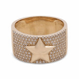 Introducing the 14K Yellow Gold Diamond Fashion Woman Ring with Star by Miral Jewelry, featuring a wide band encrusted with small diamonds and a central, raised star design.