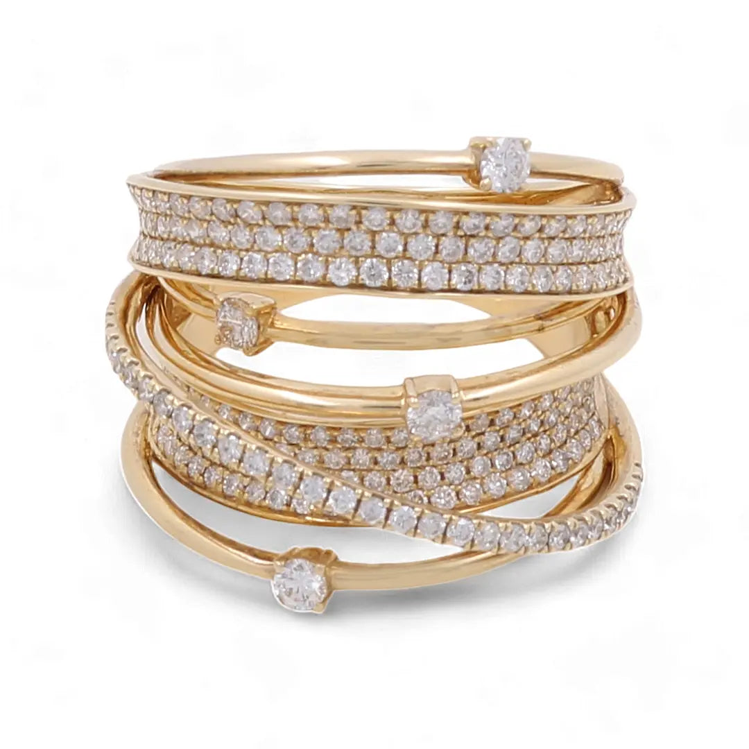 The 18K Yellow Gold Fashion Diamond Woman Ring by Miral Jewelry showcases multiple intertwined bands, each adorned with small diamonds, epitomizing elegance and sophistication.