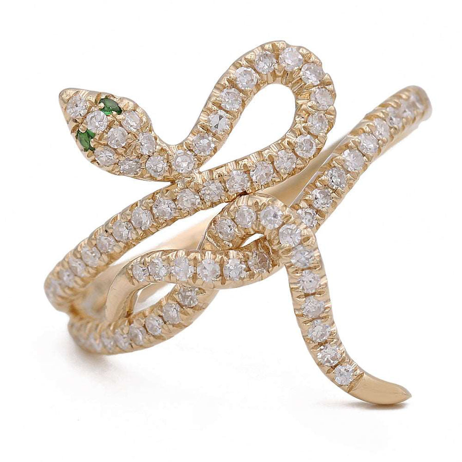 Yellow Gold 14K Snake Ring With Diamonds and Emeralds