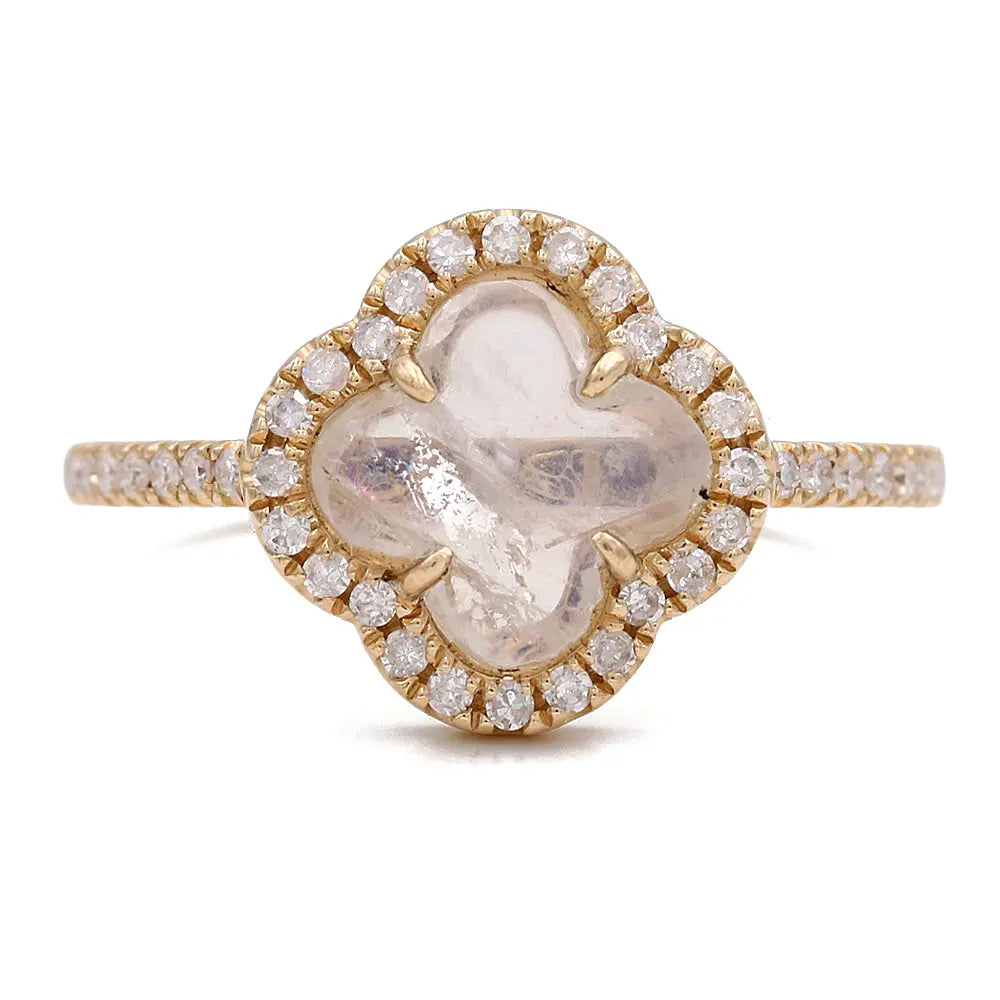 Yellow Gold 14K Moon Stone Clover Fashion Ring With Diamonds Miral Jewelry