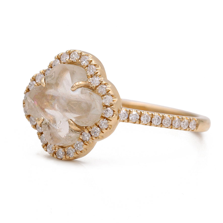 Yellow Gold 14K Moon Stone Clover Fashion Ring With Diamonds