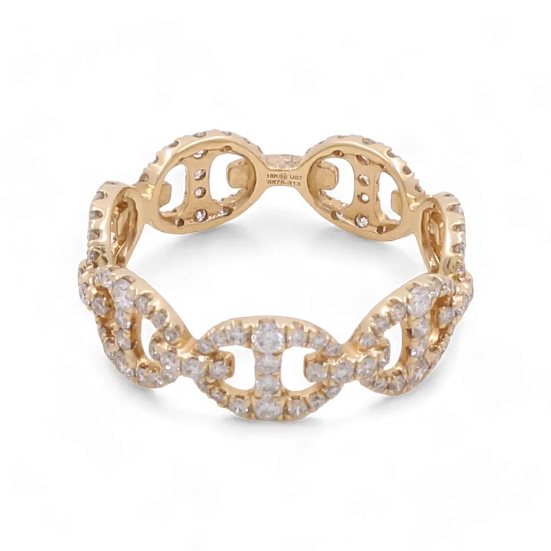 The Miral Jewelry 18K Yellow Gold Fashion Diamond Woman Ring, featuring a chain-link design and small diamonds evenly spaced around the band, epitomizes the essence of luxurious fashion diamond jewelry for women.