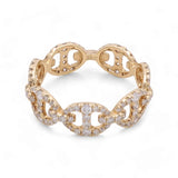 The Miral Jewelry 18K Yellow Gold Fashion Diamond Woman Ring, featuring a chain-link design and small diamonds evenly spaced around the band, epitomizes the essence of luxurious fashion diamond jewelry for women.