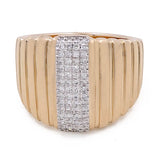 14k Yellow Gold Fashion Ridge Ring with 0.23Tw Round Diamonds with a grooved design featuring a vertical row of small round diamonds in the center, epitomizing luxury jewelry. Crafted from 14k yellow gold, this Miral Jewelry ring exudes elegance and sophistication.