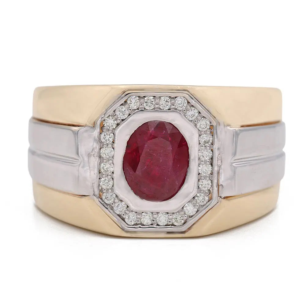 This exquisite Two Tone white and Yellow Gold Fashion Ring With Diamond and Ruby from Miral Jewelry features a central red oval gemstone surrounded by small clear stones, embodying the classic elegance of a diamond and ruby ring.
